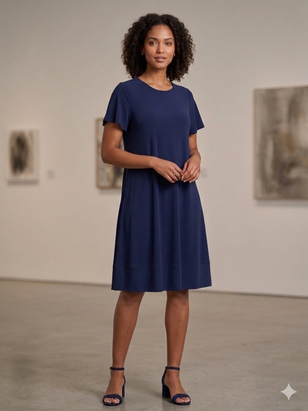 MICHAEL Michael Kors Blue Solid Trapeze Swing Midi Dress Women's 1X Scoop Neck